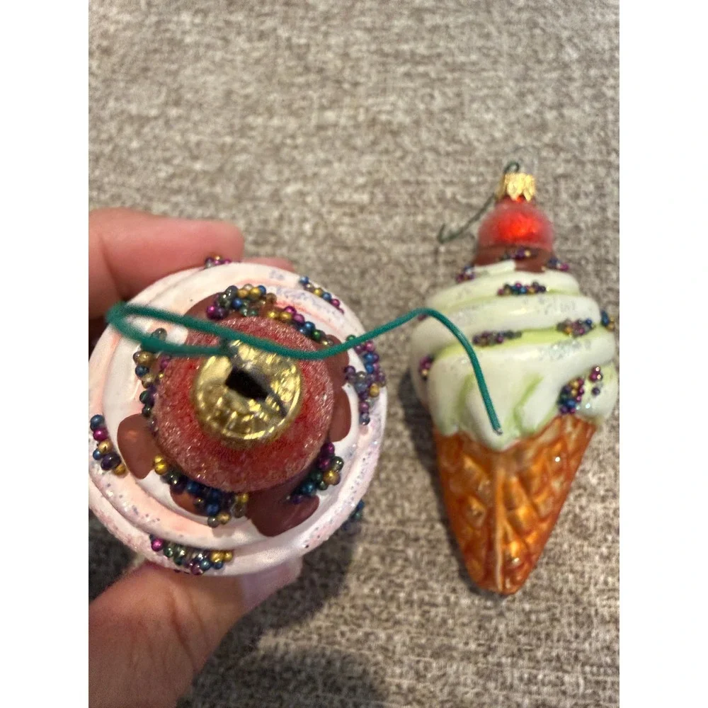 Glass Ice Cream Cone Christmas Ornaments Pink Green Glitter Sprinkles Set of 2